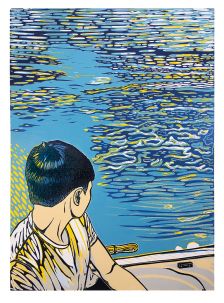 Pia E. van Nuland, ›Boy, blue Lake‹, 60 x 80 cm, mehrfarbiger Linoldruck, Öl/Büttenpapier